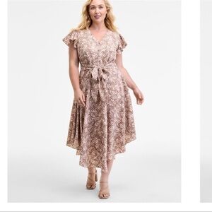 Vince Camuto Taupe Floral Tie-Waist High-Low Dress plus size 1X